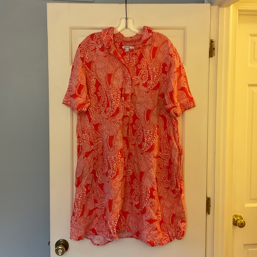 Chico’s Linen Popover Paisley Dress Orange 4 US Size 20 Coastal Beachy Vacation